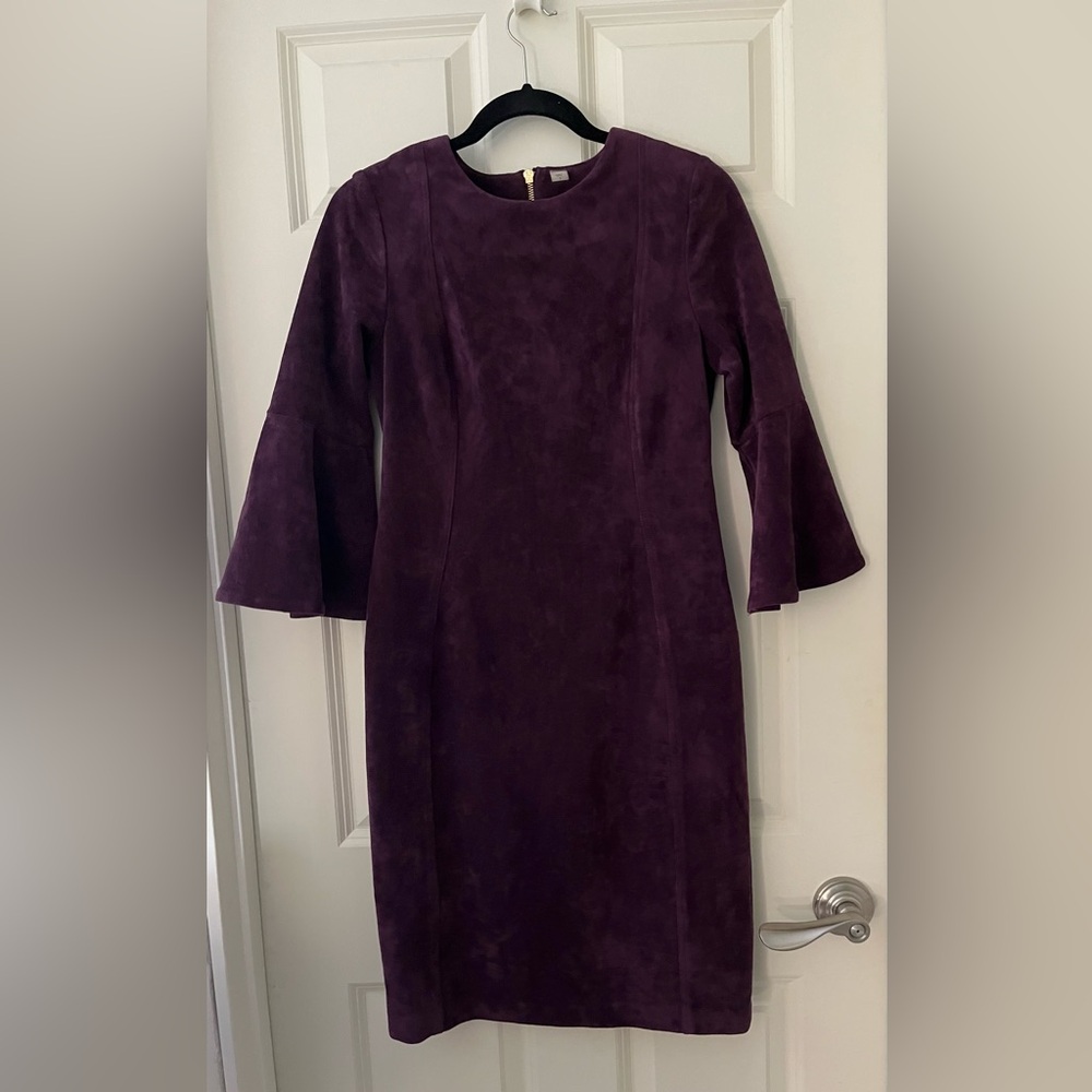 Women’s Calvin Klein Purple Suede Dress w/ gold exposed zipper & flare sleeves 8